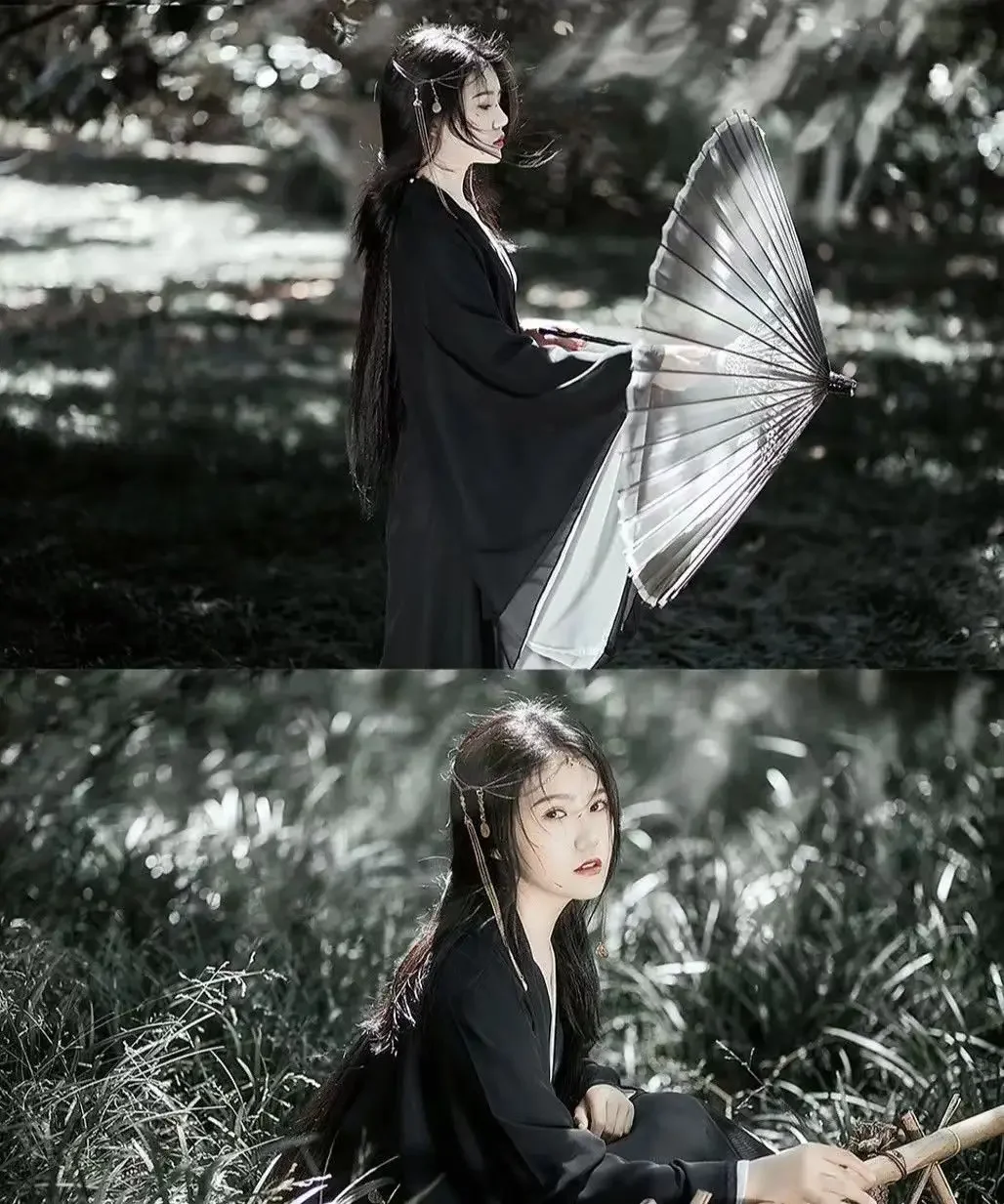 ชุดเดรสสีดำและสีขาวแบบดั้งเดิมสไตล์ราชวงศ์ Weijin Hanfu โบราณชุดเดรสแบบจีน