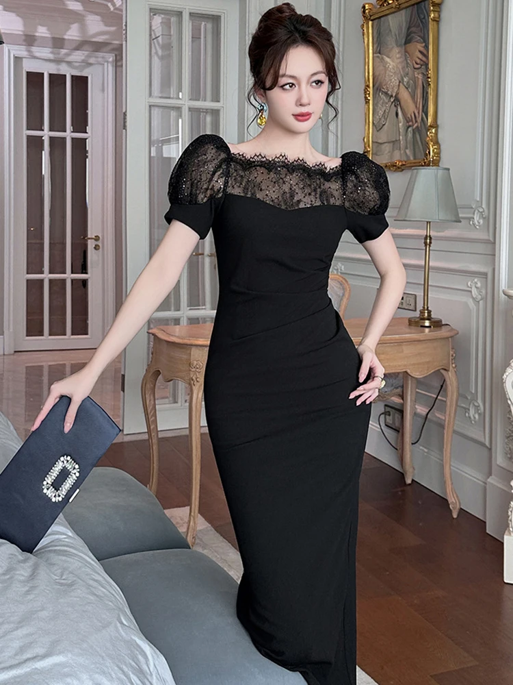 フランスのファッションデザイン宴会ドレス女性エレガントなレトロ黒薄手のレースのパッチワークスパンコールひだボディコンローブファムパーティー Vestido
