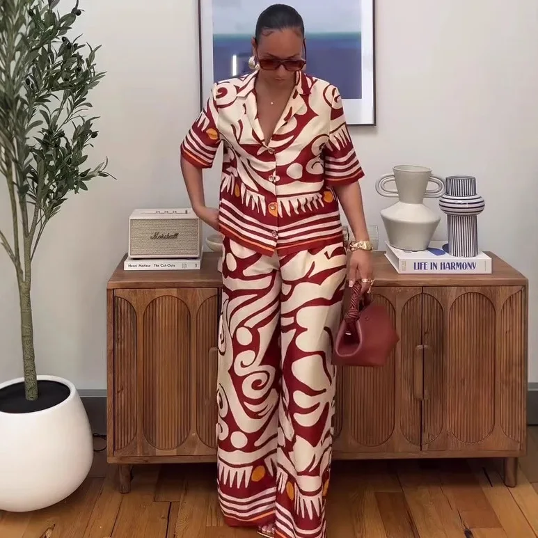 

Fashion printed half-sleeved button top + wide-leg pants two-piece sets women summer casual loose shirt trousers suit for women