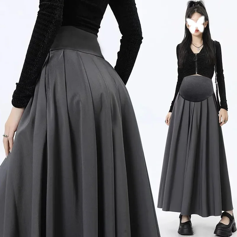 

Women's Long Skirt Pockets Abdomen Stretching Maternity Long Skirt High Quality Spring New Suit Front and Back Pleated Pregnant