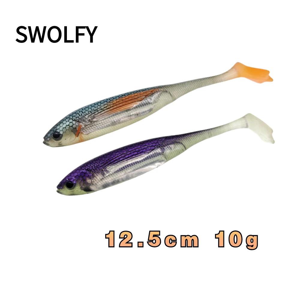 

SWOLFY 2PCS 125mm/10g Fishing Soft Plastic Lures Silicone Bait Paddle Tail Shad Worm Swimbaits Freshwater Bass Trout