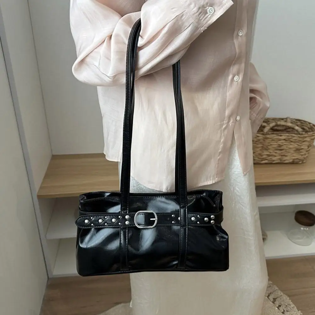 Vintage Motorrad-Gürtelschnallen-Schultertasche für Damen, europäische Retro-PU-Leder-Unterarmtasche, modische Handtasche für Büro und Pendeln – Detail 32