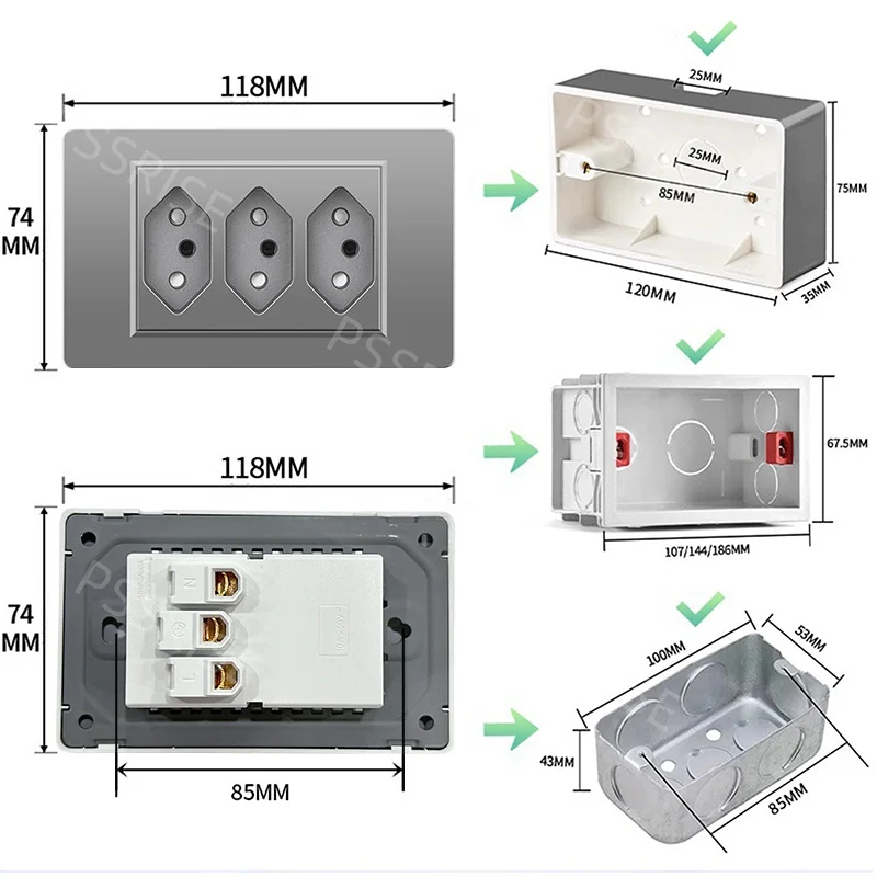 PSSRISE 4 Colors PC panel Brazil Standard Outlet  Wall Power Socket Home Office Integrated Socket Nine holes 10A 20A Fireproof