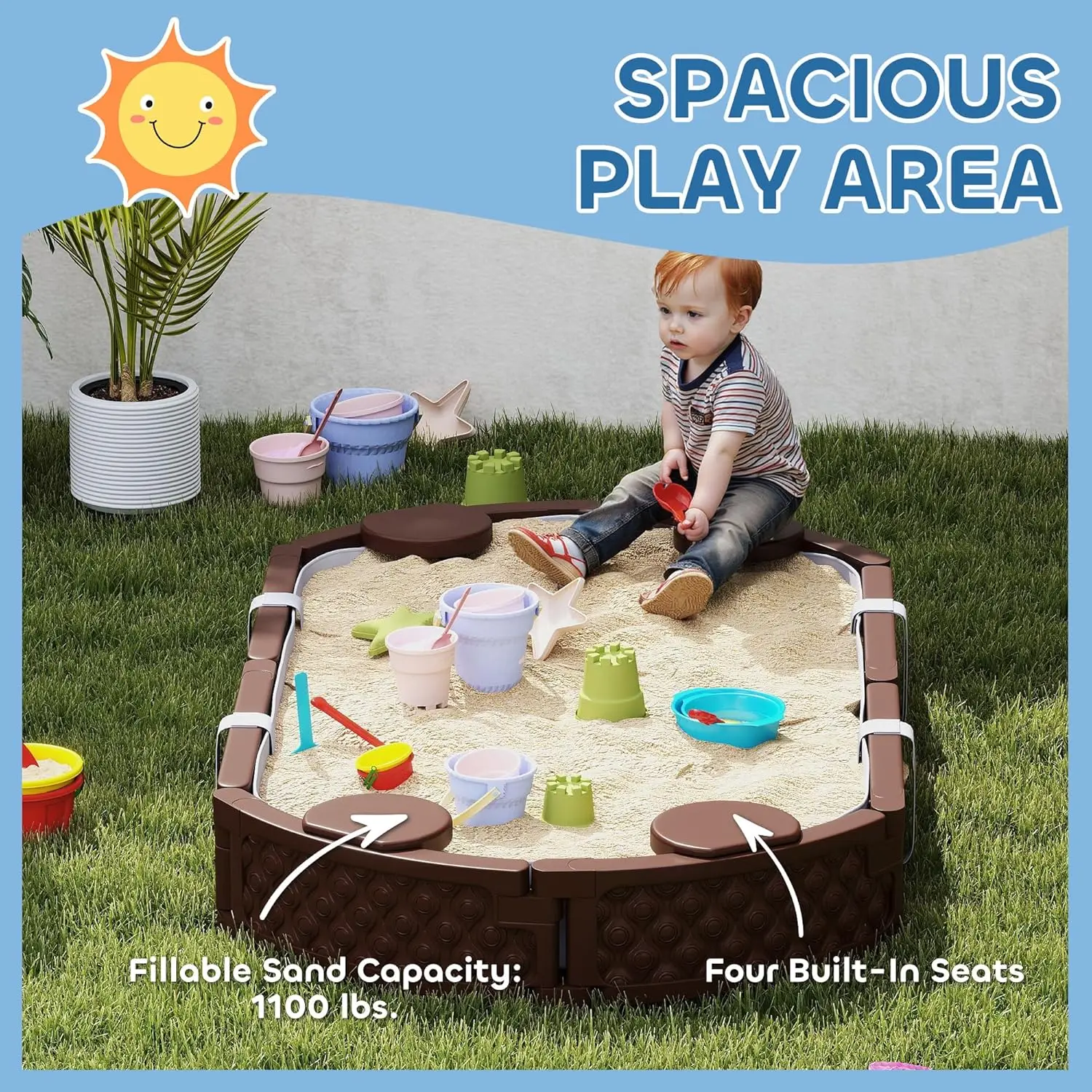 Kids Sandbox with Cover, Oval 71" Large Sand Pit with 4 Seats, Waterproof Bottom Liner, Weather Resistant Outdoor Sand Box