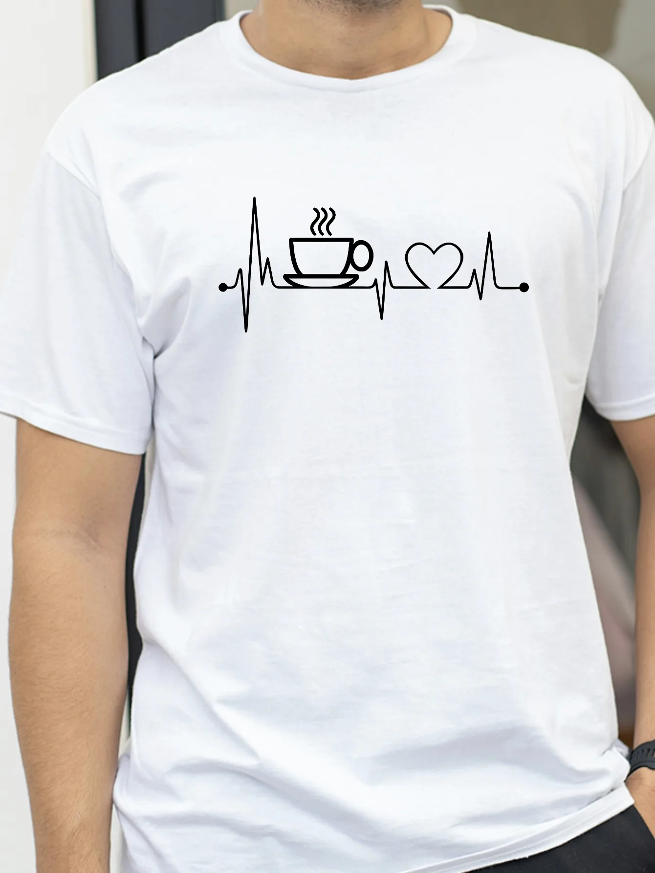 

Men women Summer Cotton Fashion Casual Loose Large Size Coffee and Heartbeat Pattern Printed Round Neck Short Sleeve T-shirt