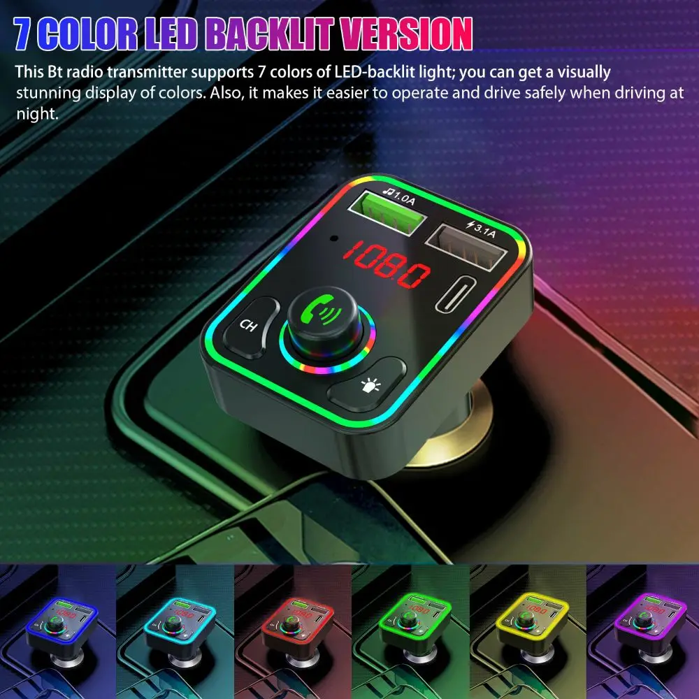 Podofo Fast Charging Bluetooth 5.0 FM Transmitter Dual USB PD Charger Music Player Colorful Ambient MP3 Lighter AUX Hands-Free