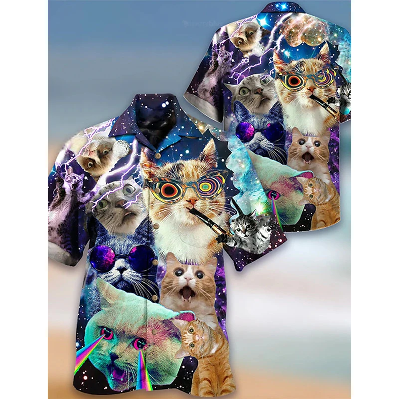 

Summer Men's Hawaiian Shirt Full Print Animal Cat Graphic Beach Shirts Casual Short Sleeve Button Down Turndown Tee Tops