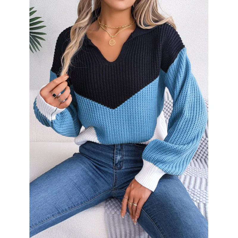 2023 New Autumn and Winter Fashion Casual Polo Collar Contrast Knitted Long Sleeve Temperament Commuter Women's Loose Sweater
