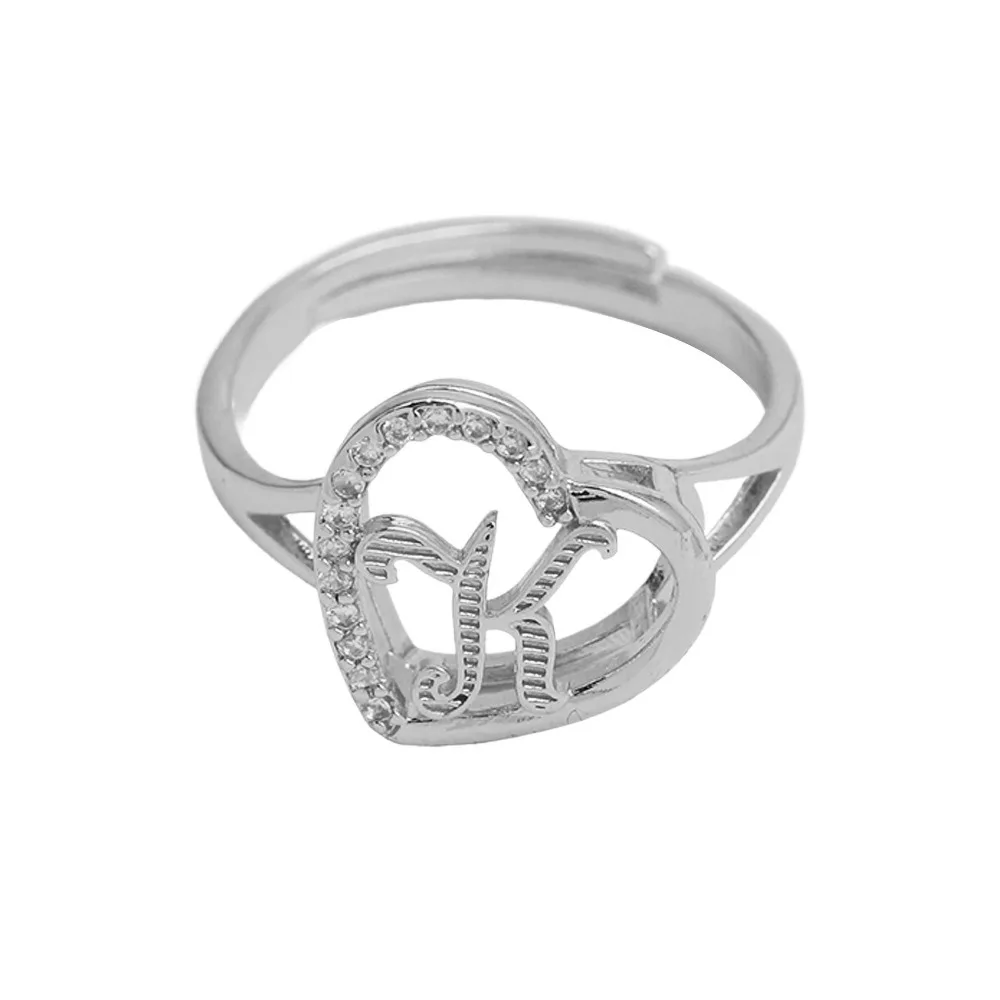 

New Heart-shaped Love Texture Hollowed Out 26 Grass English Letters Open Peach Heart Ring