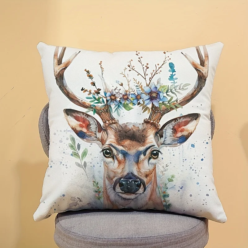 1Pc Deer Pattern Linen Pillowcase - Contemporary Style, Zip Closure, Machine Washable - Perfect For Living Room & Bedroom Decor