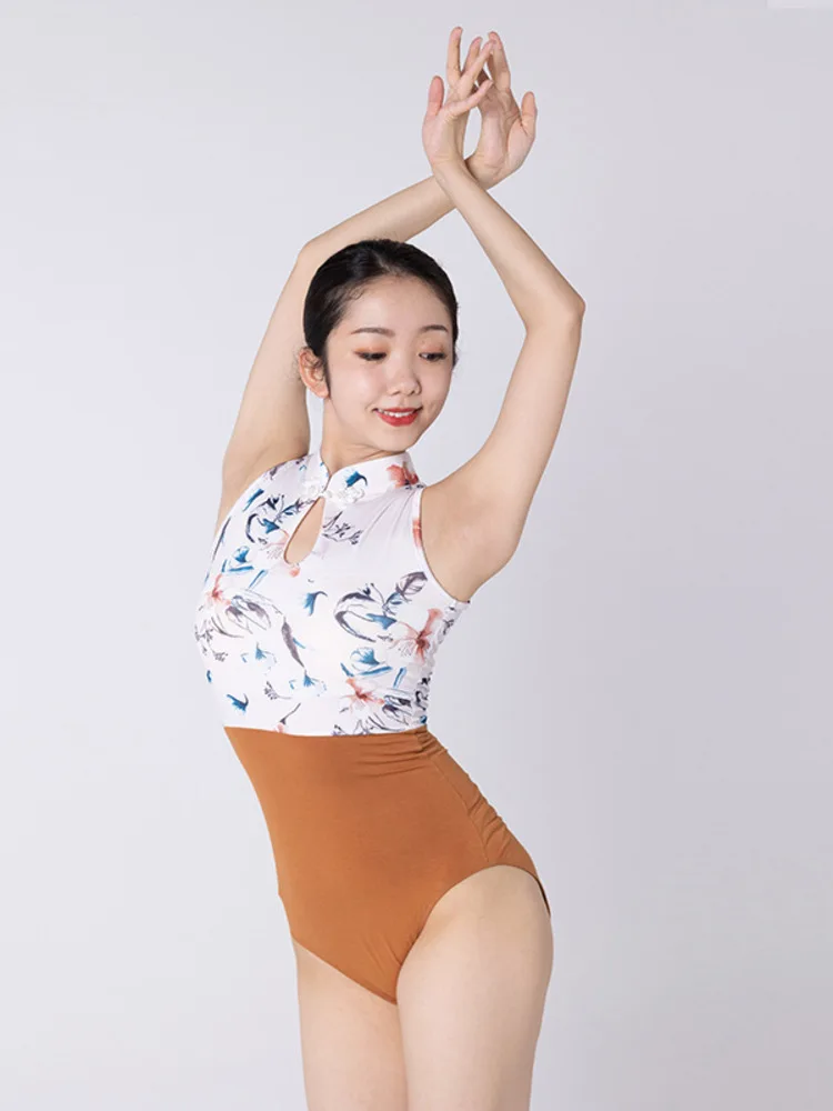 Macacão fino com gola floral sem costas, patchwork, para trajes profissionais de dança clássica e roupas de palco
