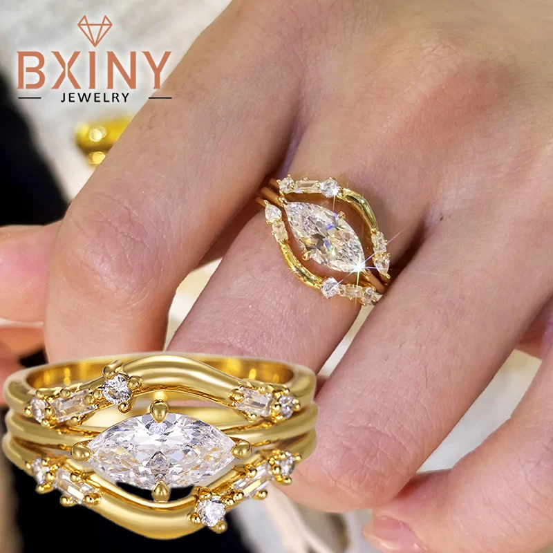 

BXINY Certified 1CT Marquise Cut Moissanite Ring Set 925 Sterling Silver Plate 18K Gold for Women Wedding Band Gift Fine Jewelry