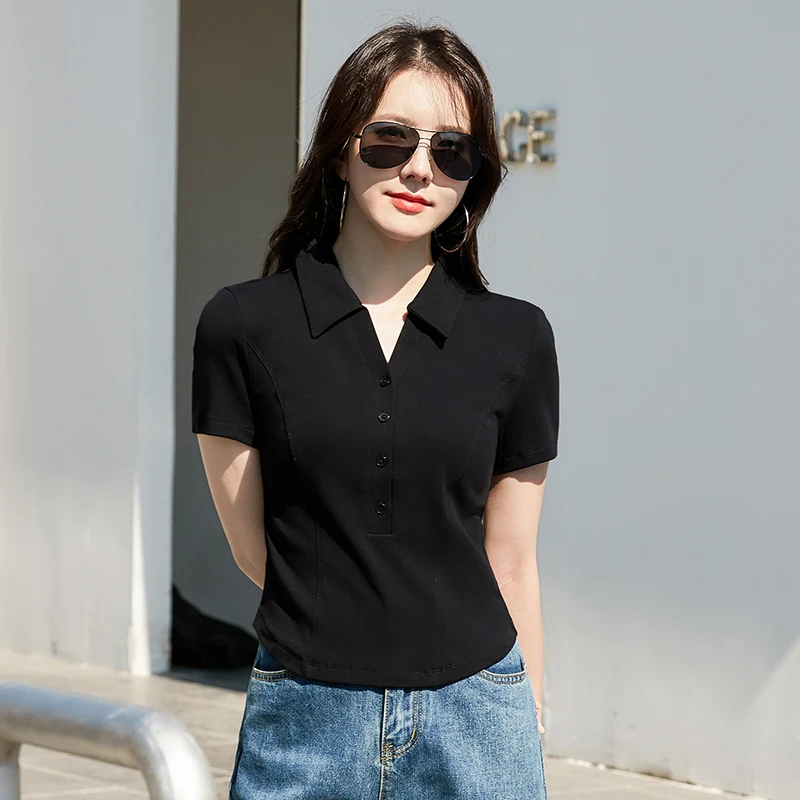 Summer New Polo Neck Button Short High Waist T-shirt Slim Fit Short Sleeve Solid Color Cotton Women\'s Top