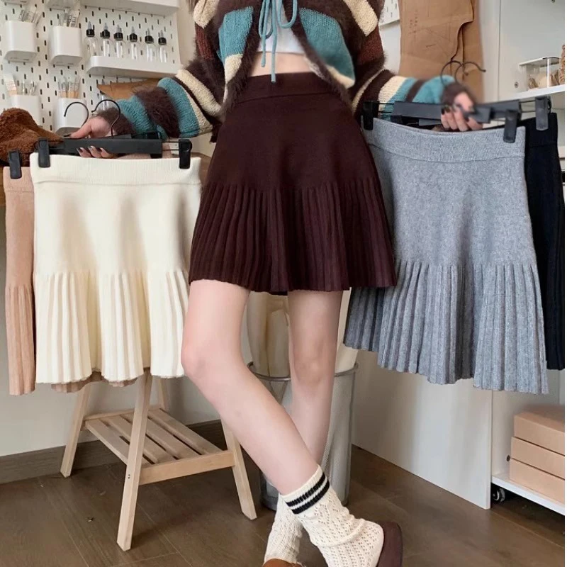 Women\'s Skirt Autumn Winter Korean Version Solid Colour High Waist Sweet Casual Fashion Knitted A Line Pleated Skirt