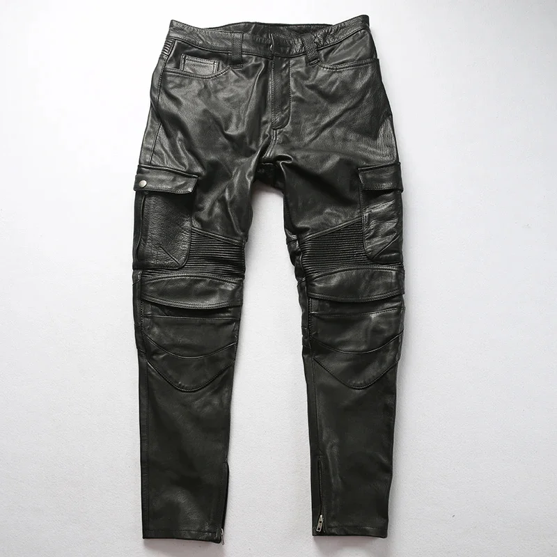 Vintage Motorcycle Biker Pants Genuine Cowhide Trousers Men Leather Pant RidingThick Asian Size 5XL