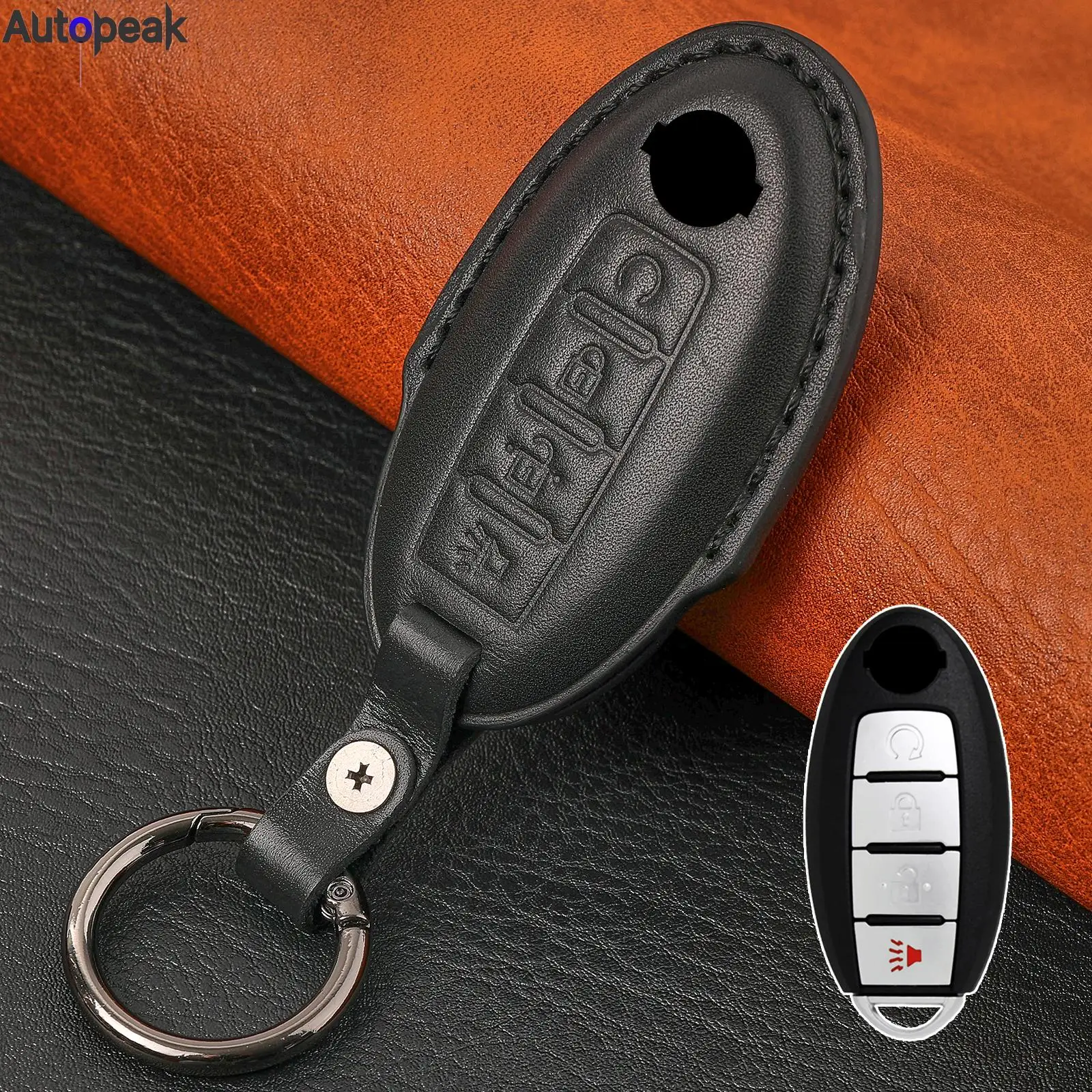 

For Nissan Frontier Kicks Altima Maxima Murano Pathfinder Genuine Leather Car Key Fob Ring Remote Case Cover Protector 4 Button