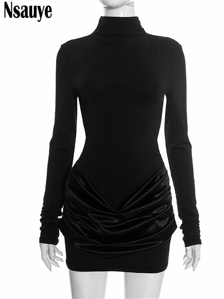 Nsauye مساء مثير حفلة المرأة فستان قصير الساتان المرقعة 2025 موضة أنيقة كلوبوير عادية الياقة المدورة فستان بكم طويل