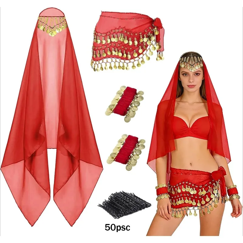 

4PCS Bollywood Belly Dancer Outfit Sets, India Arabian Head Scarf,Belly Dance Hip Scarf, 2 Coin Wrist Bracelets, 58 Bobby Pins