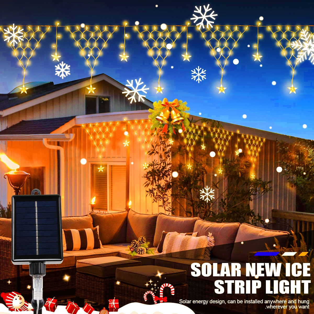 

Уличные солнечные фонари, новогоднее украшение, сосулька, пентаграмма, гирлянда, 8 режимов освещения, садовый патио, лестница, декор, лампы