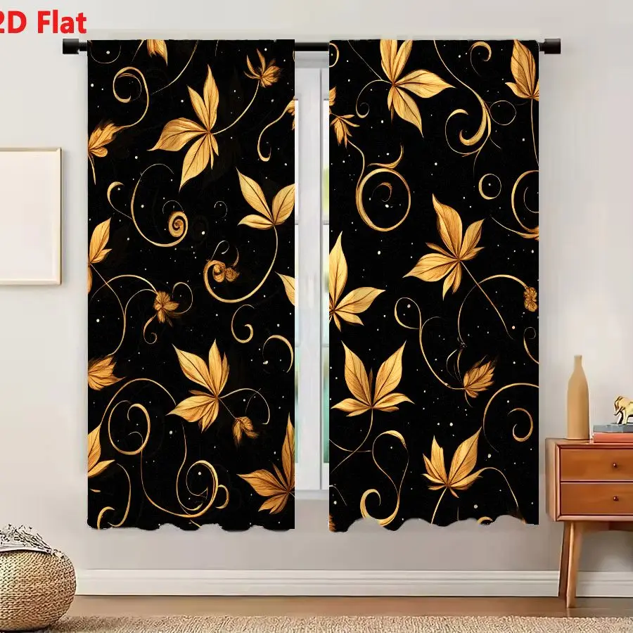 2Pcs Curtains Add 2D Flat Gold And Bronze Botanical Pattern With Leaves Vines And Buds On Black Background Window Drapes for Bed