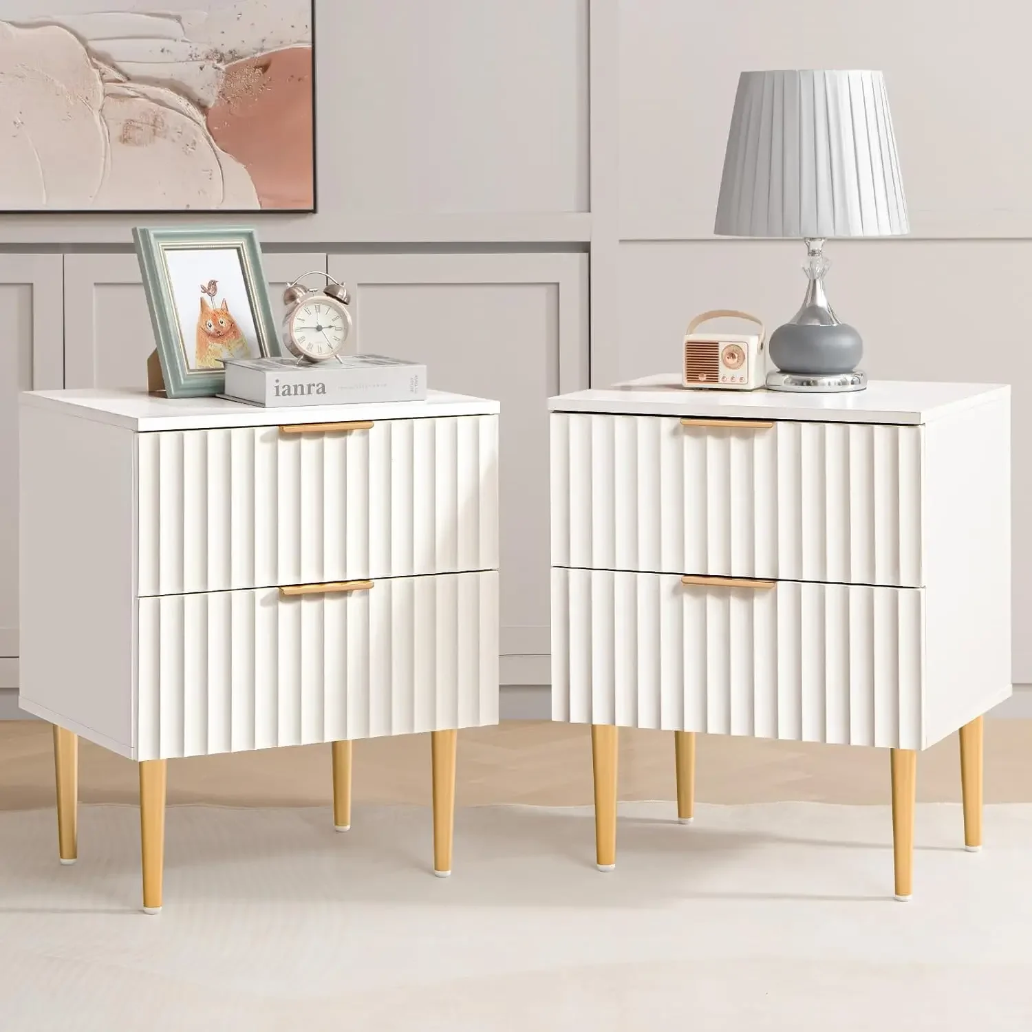 White Night Stand Set 2, Wide Fluted Nightstand with 2 Drawers, Modern Glossy Storage Bedside Table for Bedroom, End Sid