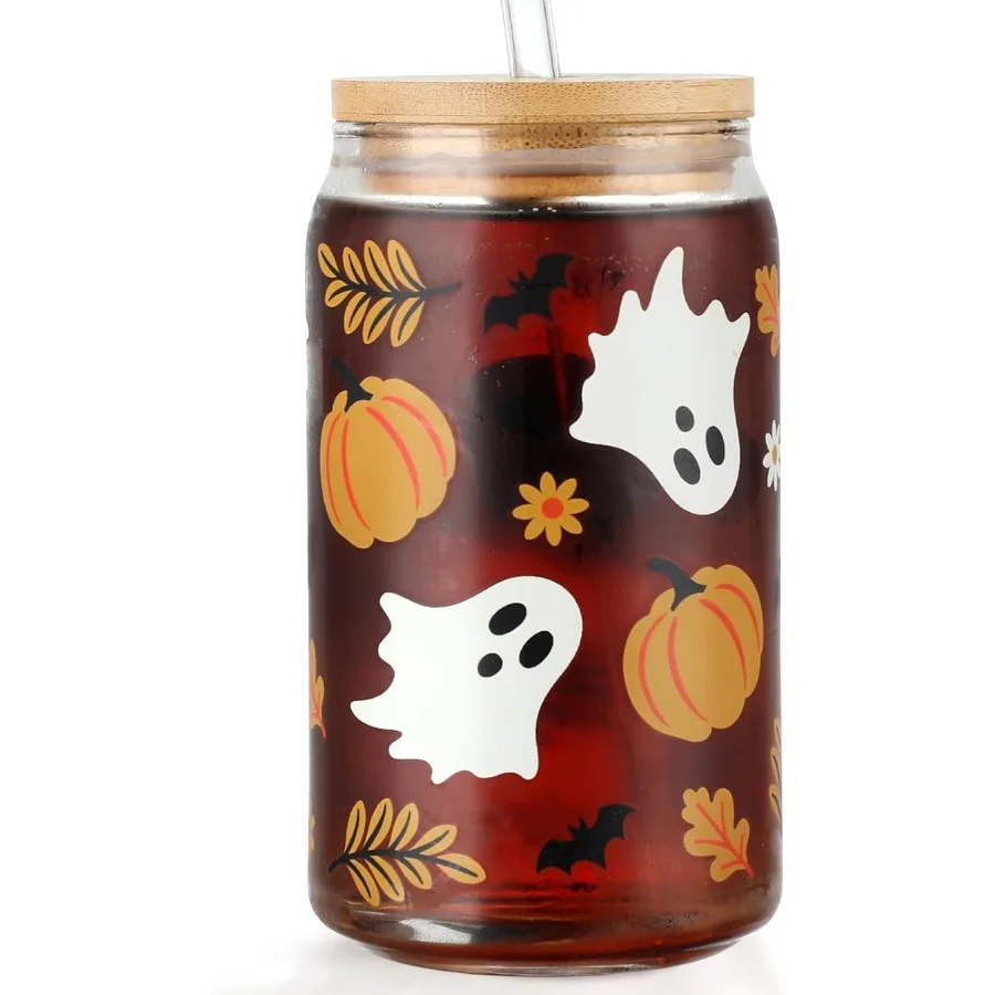 

Thanksgiving Glass Cup Fall Pumpkin Iced Coffee Cups with Lids and Straws 16oz Cute Ghost Drinking Can Jar Halloween Tumbler Be
