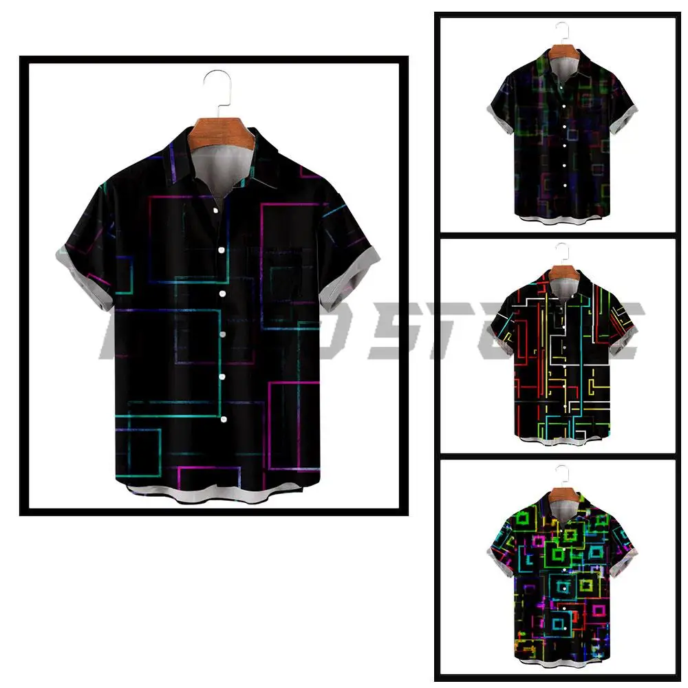 Y2k Casual Button Down Shirts For Men Sci-Fi Lines Harajuku Color Block Turndown Outdoor Street Short Sleeve Shirt