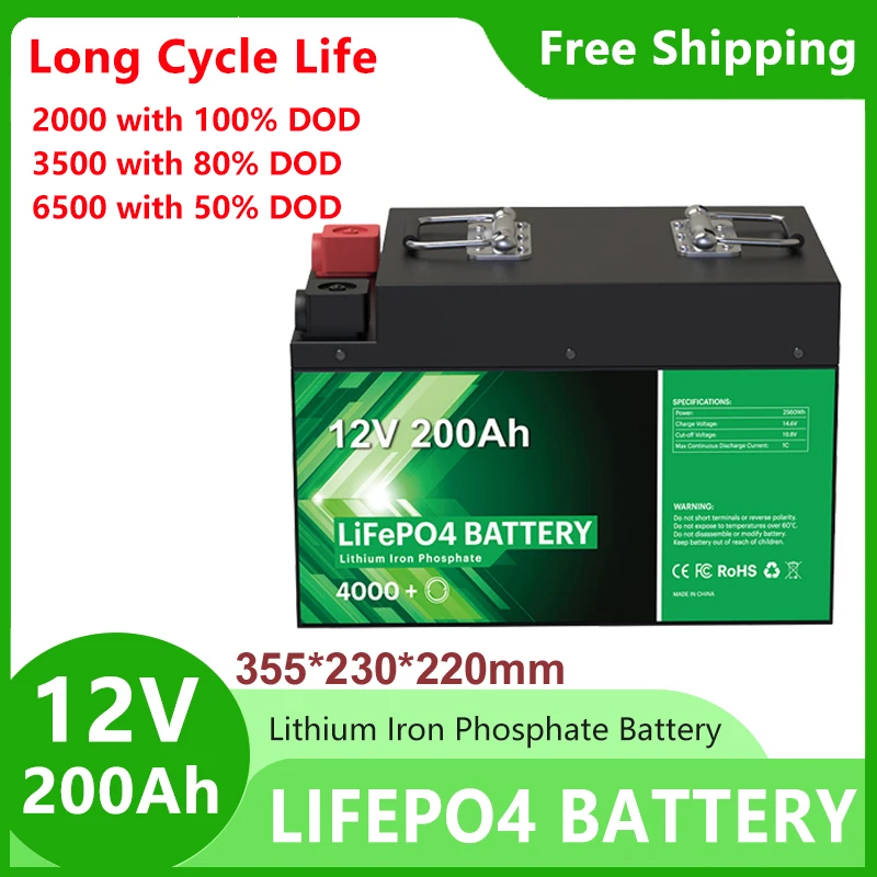 

12V 200Ah LiFePo4 Battery Pack,for 12.8V E-bike RV Solar Wind Power Home Storage Lithium Iron Phosphate Battery Built-in BMS