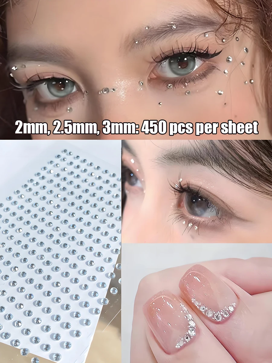 

1350pcs Self-Adhesive Rhinestone Stickers 3 Sheets Crystal Decals 2/2.5/3mm Nail Art DIY Makeup Face Gems Festival Body Jewelry