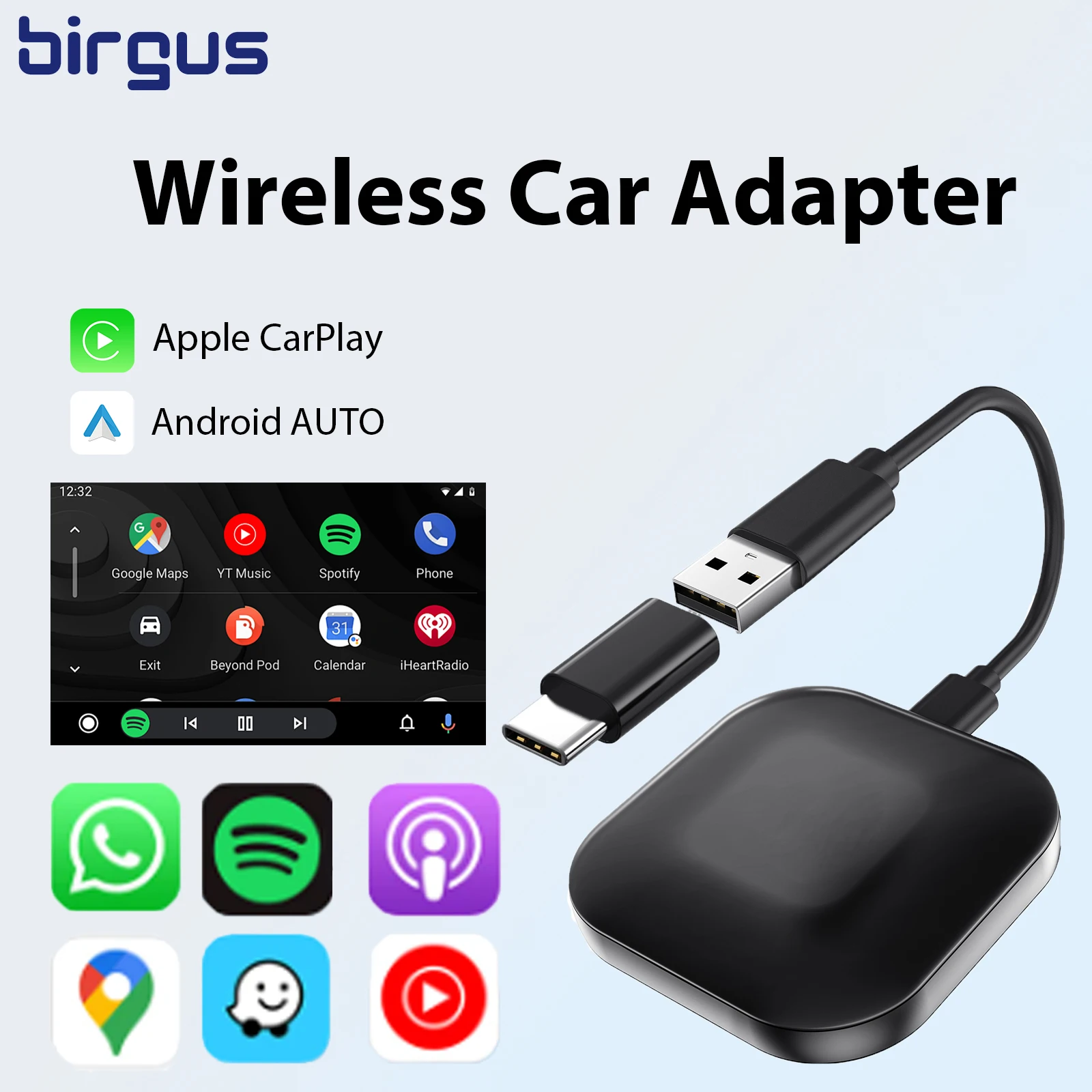 

Birgus C1 Wireless CarPlay AI BOX Беспроводная связь Android Auto WIFI 2,4G и 5,8 ГГц BT5.0 с автоматическим подключением Plug&Play для проводных автомобилей AA CP