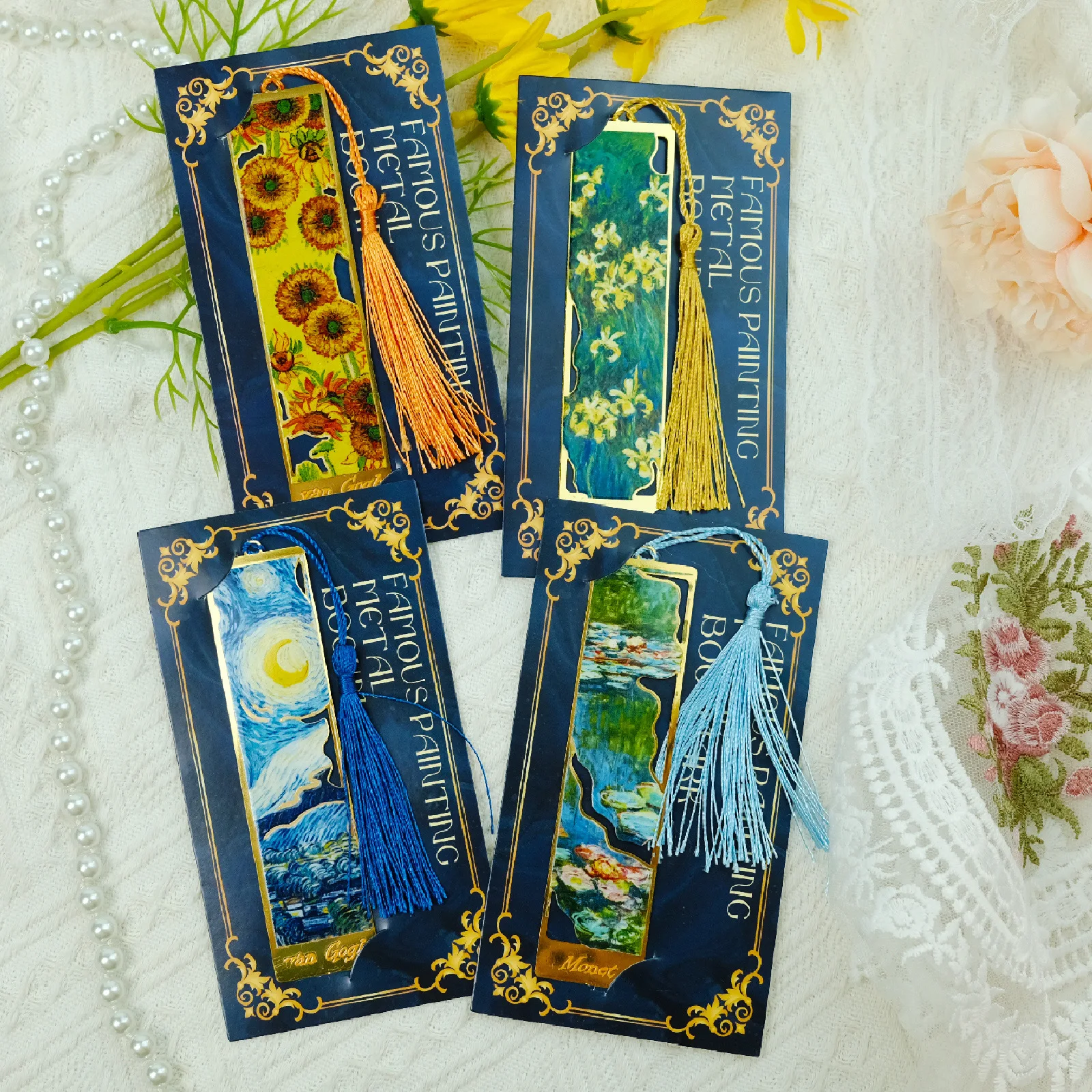 Imagem -03 - Van Gogh Oil Painting Metal Bookmarks Requintado Céu Estrelado Girassol Exposição de Arte Lembranças Gift Box Packaging Holiday Gift