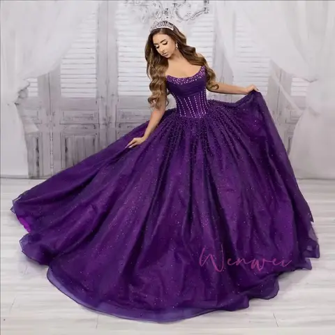 Klassisk Lila Quinceanera-klänning Balklänning Applikationer Pärlor Korsett Cape Sweet 16 Vestido De 15 Anos Anpassad Mexikansk 10 best sales lila balklänning - №2