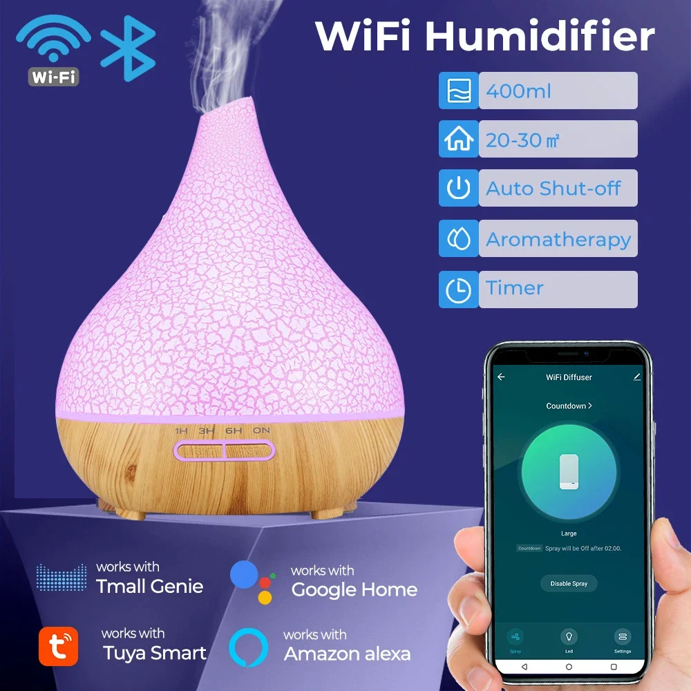 

WiFi Smart 400ML Electric Aroma Diffuser Essential Oil Diffuser Air Humidifier Ultrasonic Remote Control Mist Maker Home