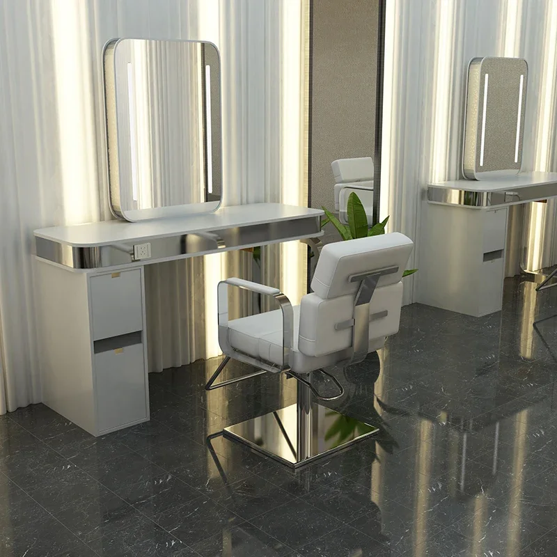 

Silla Giratoria Мебель для парикмахерской Встроенный светодиодный салон Офисный зеркальный стол Специальное кресло для стрижки и окрашивания Парикмахерское кресло Одностороннее