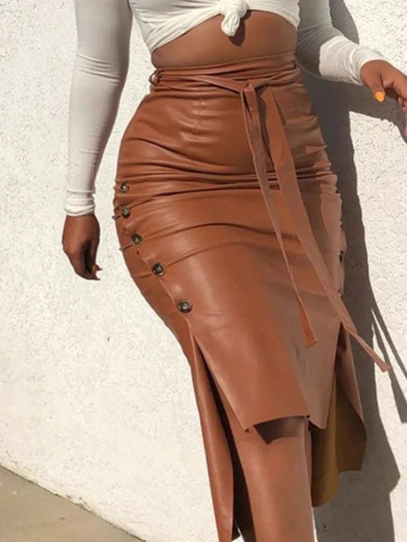 

Midi Skirt Solid Color High Waist Lace-up Side Button Slim Skinny Pencil SkirtWomen Trendy PU Leather