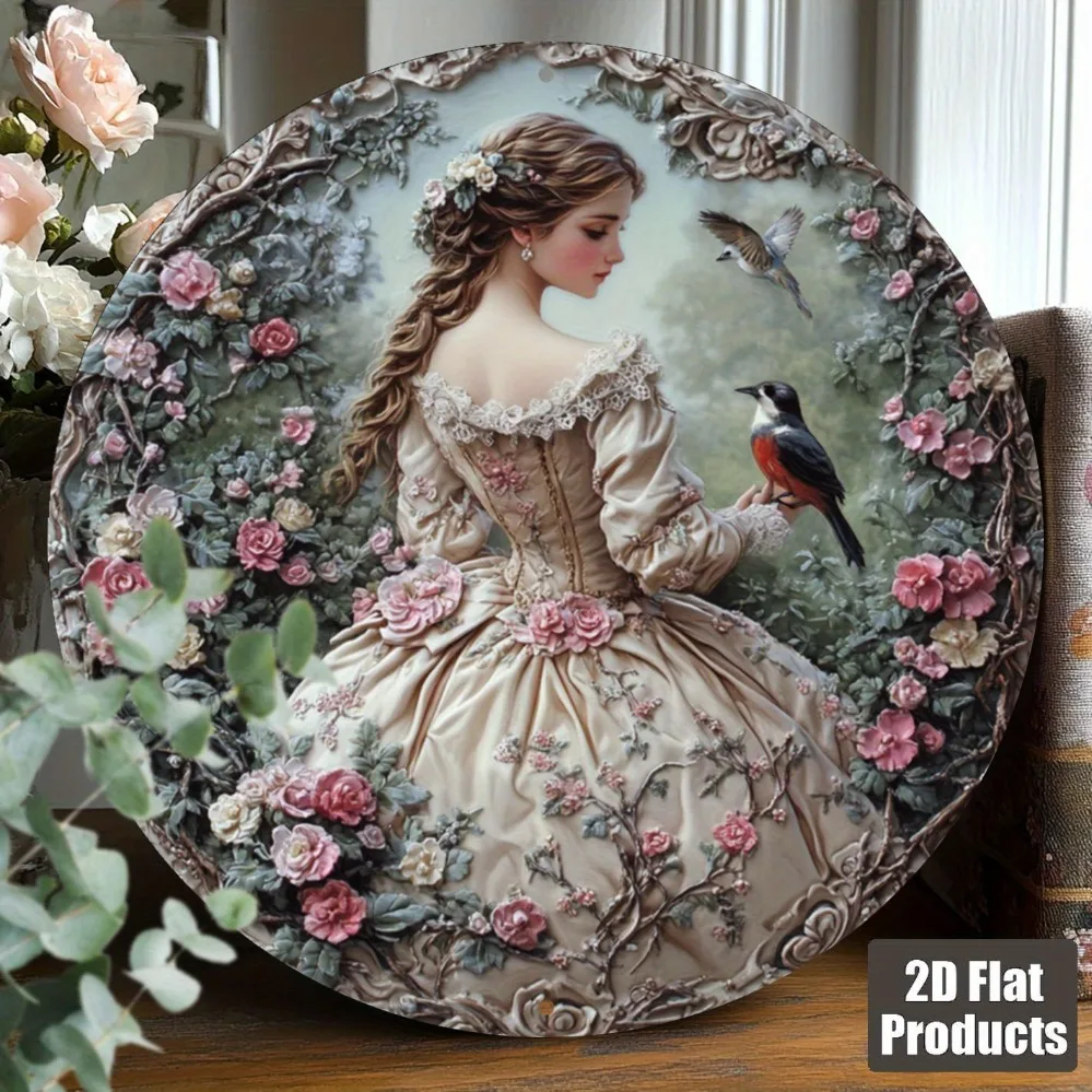 2D Victoria Queen Themed Round Aluminum Decor Sign 8x8in - Floral Bird Retro Mural for Home Kitchen Cafe Gift Vintage Wall Art
