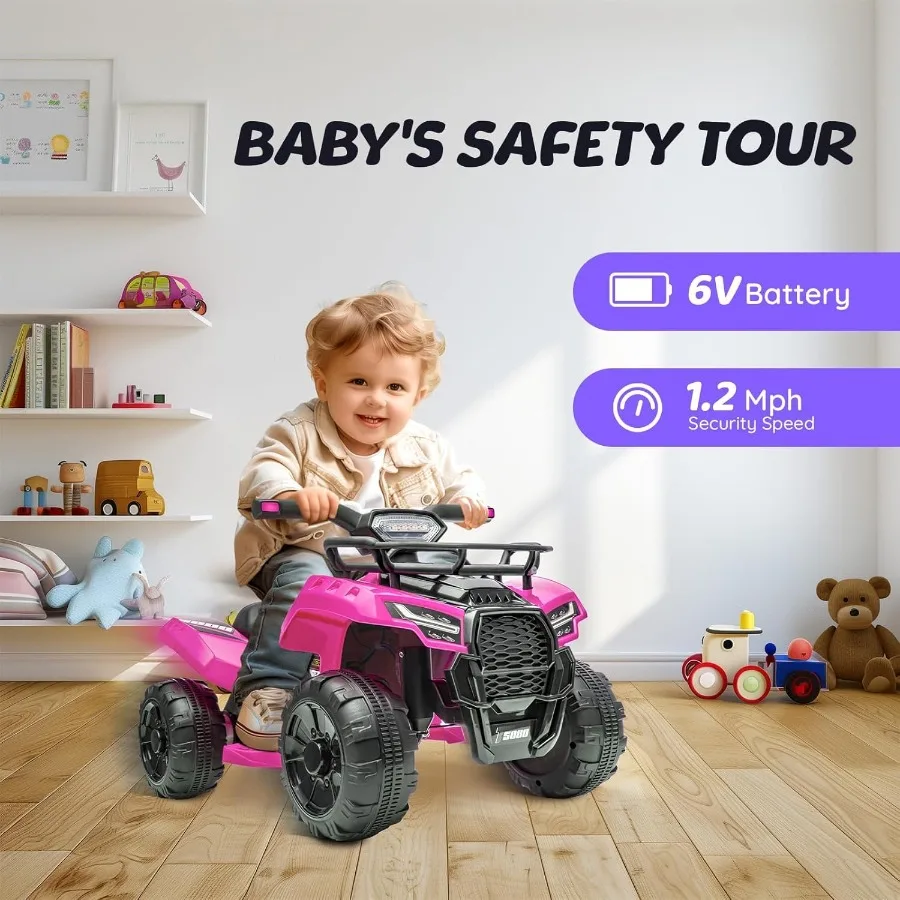 ATV dla dzieci zasilane akumulatorem 6V, quad z muzyką i światłem, prędkość maksymalna 1,9 km/h, quad dla dzieci w wieku 1,5-3 lat, Pin