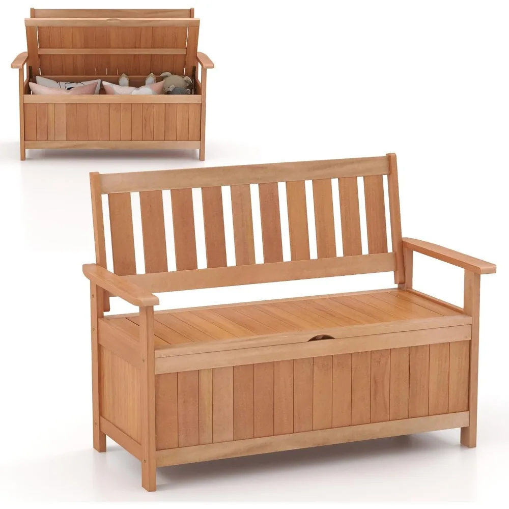 

48 Inch Patio Storage Bench, Wood Storage Loveseat with 34.2 Gal Inner Space, Entryway Large Deck Box w/Slatted Backrest, Woode