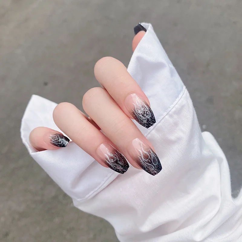 24P Halloween White Ghost Spooky Pumpkin Wearing False Nails Full Coverage Coffin Press on Nails Long Ballet Artifical Fake Nail