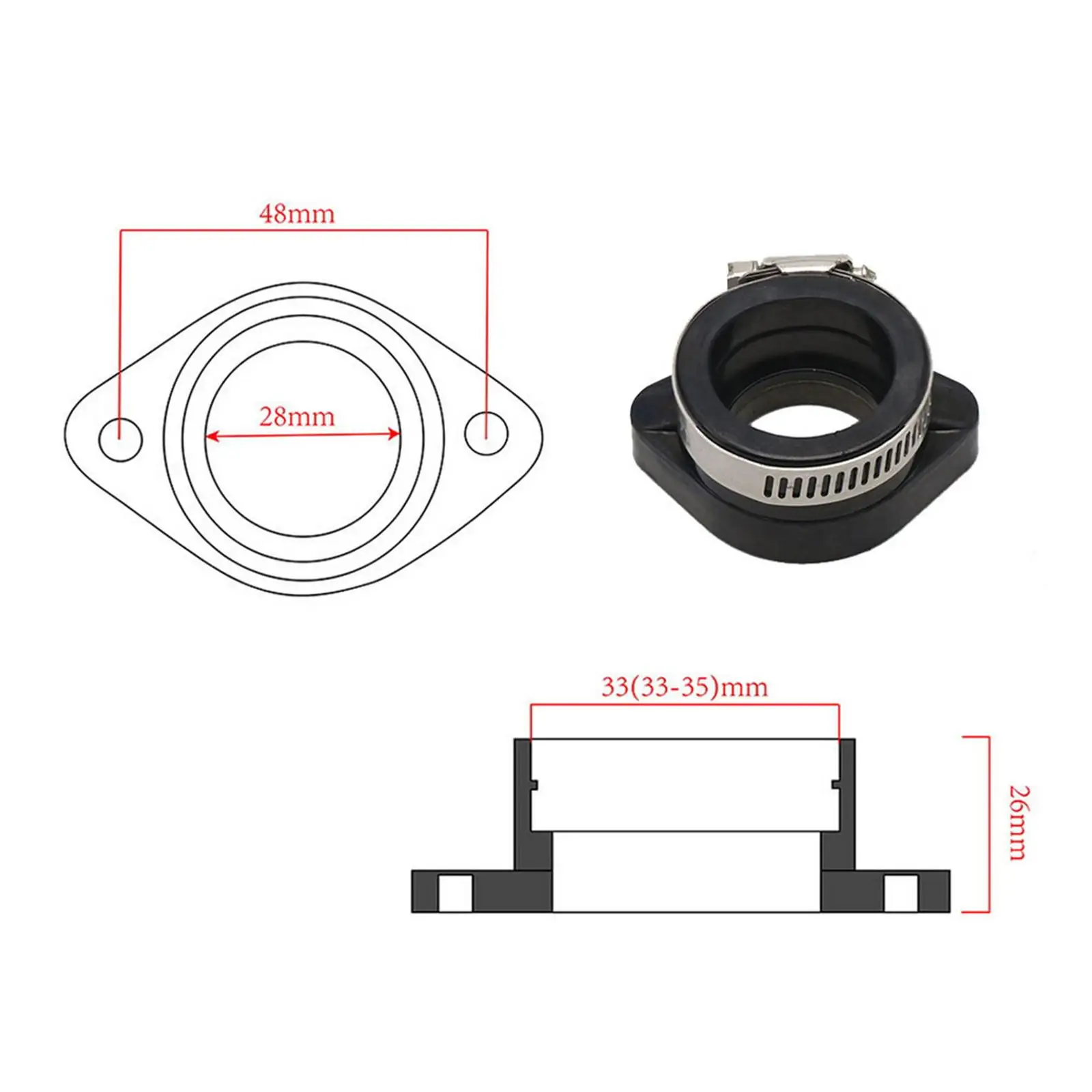 Motorcycle Carburetor Adapter, 48mm, Rubber Carburetor Manifold, Air Intake