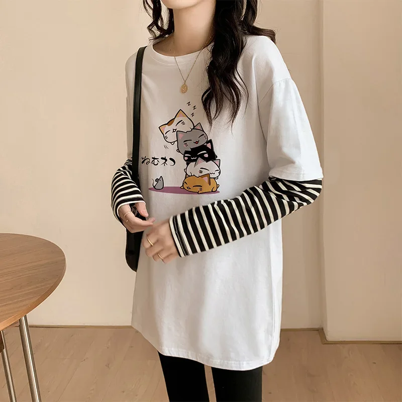 Harajuku pure cotton Long Sleeve cartoon printed T-shirt for Women Y2k Aesthetic Tops Striped patchwork fake two pieces T Shirt