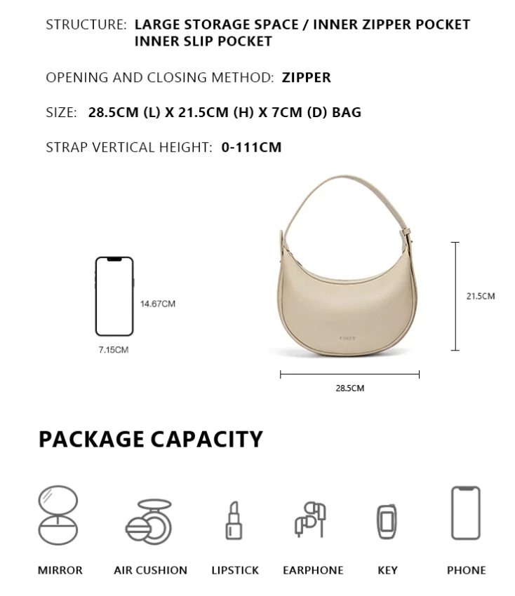 FOXER Marken-PU-Leder Damen Schultertasche 2026 – Modische Halbmond-Handtasche im luxuriösen Design – Umhängetasche als Geschenk für Mädchen – Detail 5