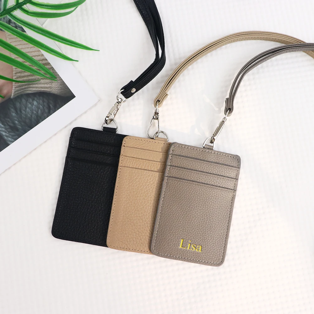 Personalisierter Leder-Ausweishalter mit Mehrfachfunktion, Schlüsselband für Männer und Frauen, Kreditkarten-, Ausweis- und Brieftaschen-Kartenhalter – Detail 3