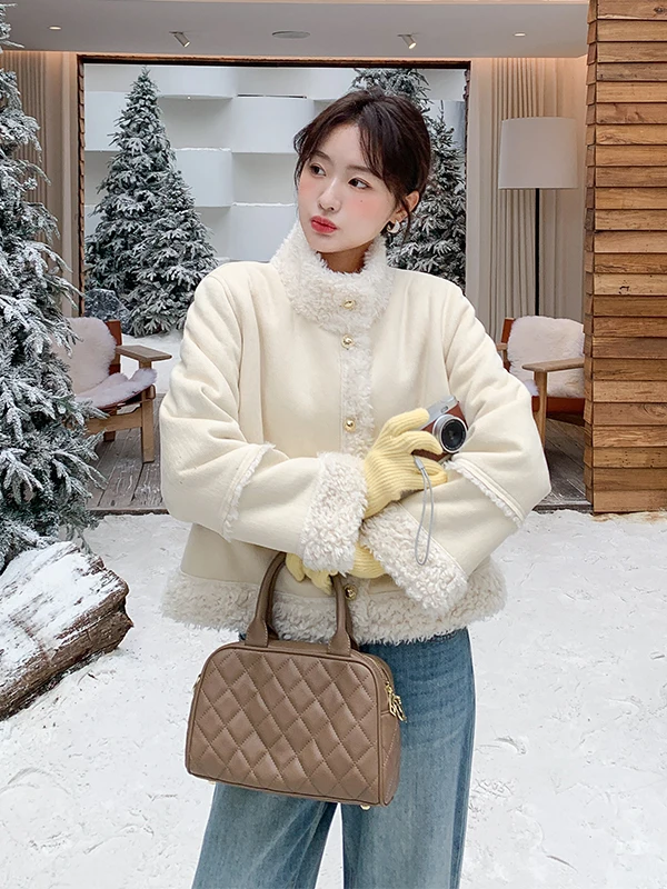 

Женская утепленная куртка из овчины с воротником-стойкой, из оленьей кожи, на хлопковой подкладке, повседневная, свободного кроя, с длинными рукавами, осенне-зимняя