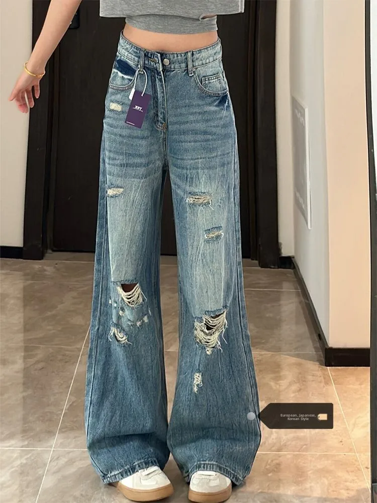 

High Waist American Style Ripped Design Straight Leg High Waist Jeans Women's Summer New Vintage Slimming Floor-Length Pants