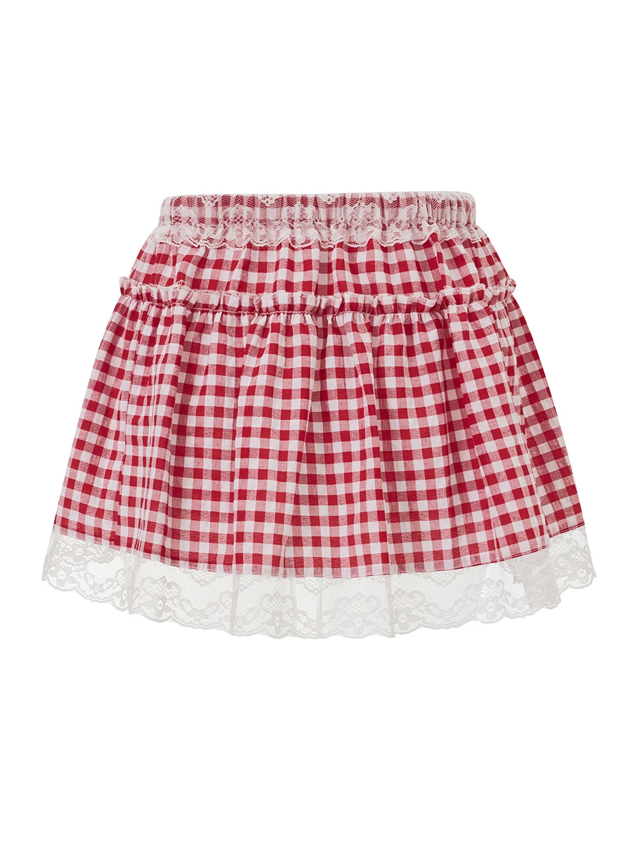 Women Plaid Short Skirts Floral Lace Patchwork Frill Trim A-Line Hem Mini Skirts