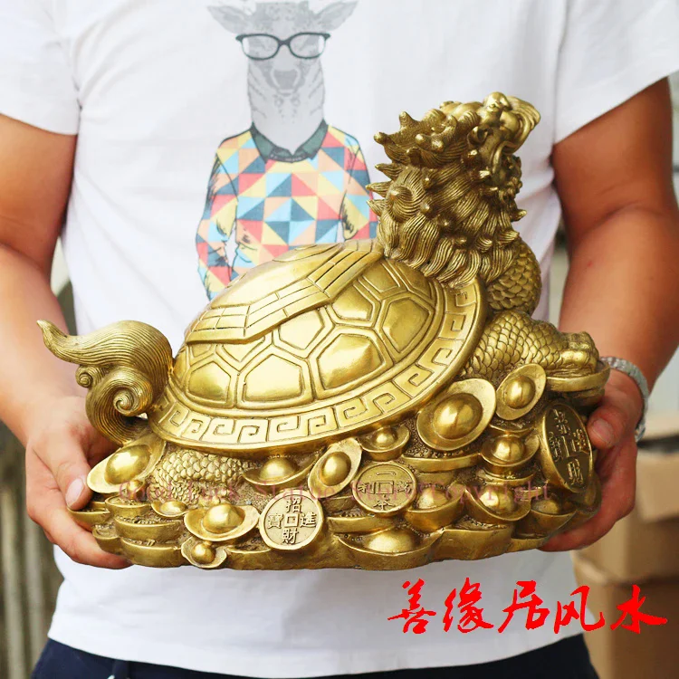 TOP COOL # HOME GOOD protective-efficacious Talisman House Protection Money Drawing Dragon Turtle FENG SHUI Brass statue-35 CM