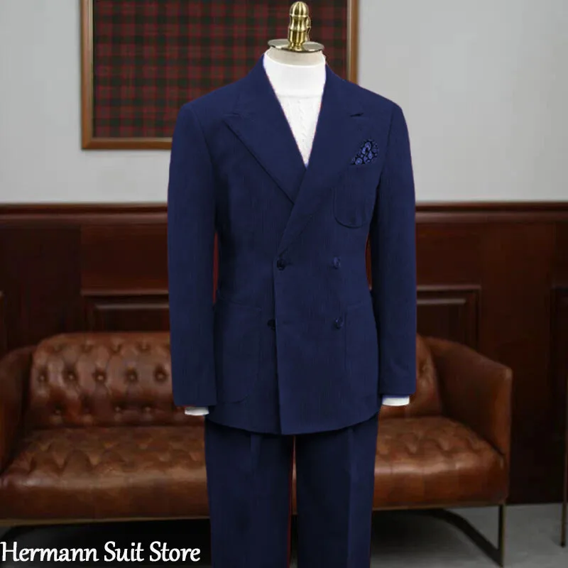 

Autumn Winter 2-piece High Quality Set Men's Double Breasted Corduroy Suit Slim Fit Casual Coats Formal Business Outfits