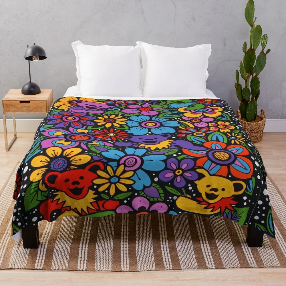 

Psychedelic Flowers & Dancing Bears Coloured Grateful Rainbow Colours Throw Blanket