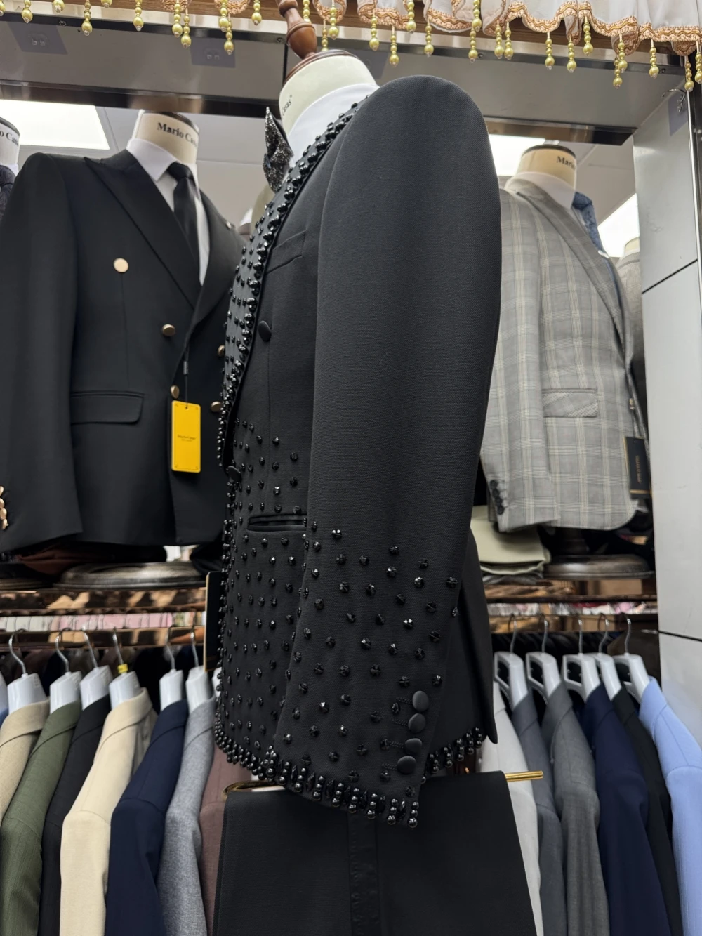 Preto de luxo cristal duplo breasted smoking masculino 2 peças roupa festa negócios, novo homem bonito terno conjunto casamento noivo conjuntos